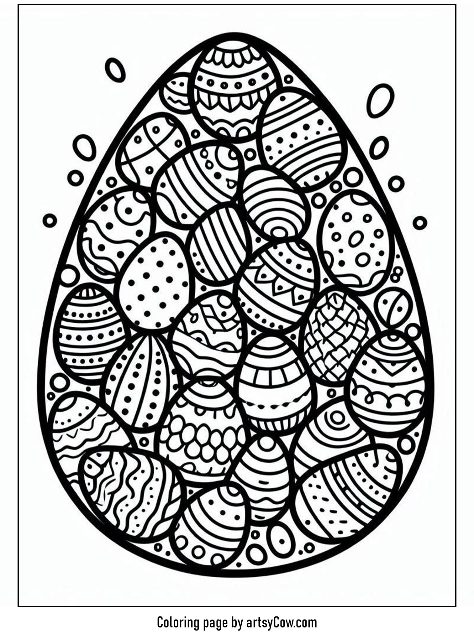 Easter Egg Coloring Pages showcasing a cascade of intricately patterned tiny eggs nestled closely together in a cascading design.